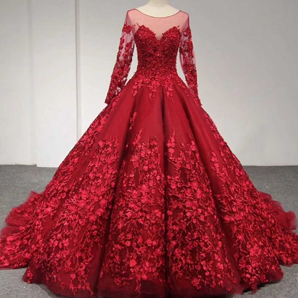 Удивительный Красный Бальные платья для выпускного вечера Воротник Sheer Jewel кружевная Апликация одежда с длинным рукавом Формальные Вечерние наряды Тюлевое вечернее платье