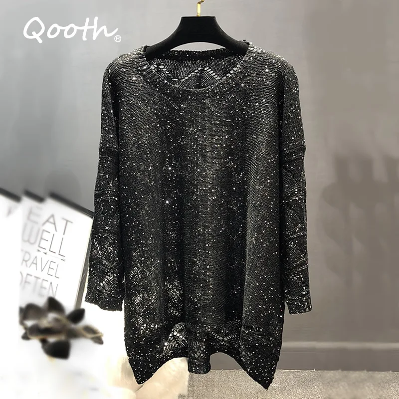 Женский Длинный джемпер Qooth блестящий Повседневный вязаный пуловер с круглым