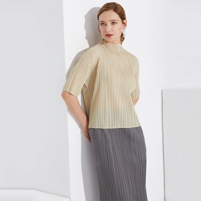 LANMREM Новая летняя модная женская одежда со стоячим воротником и короткими рукавами плиссированный пуловер тонкая рубашка женская блузка WG92812