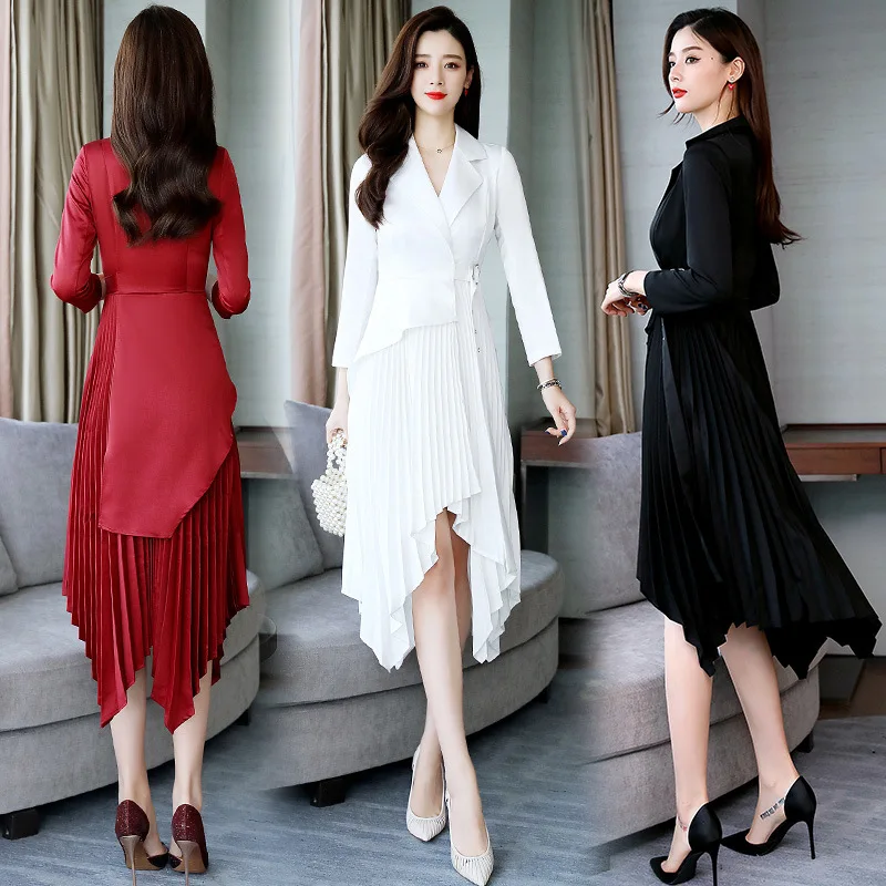 

Designer runway blazer notched collar peplum ruffle long sleeve pleated high low woman asymmetrical dress autumn winter dress
