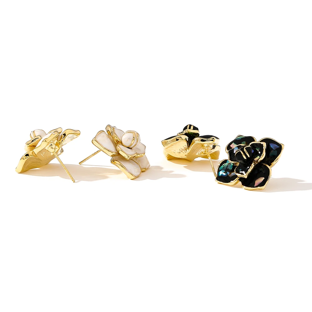 YMYW Shell Enamel Flower Plants Earrings Stud Black White Charm Brand Classic Fashion Real-Golden-Plated Earrings Brincos Bijou