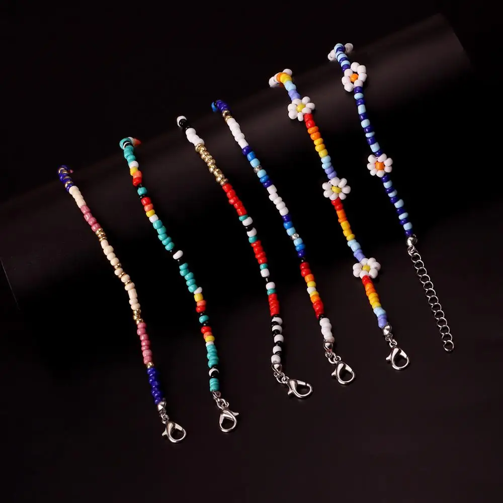 New Hip Hop Flower Daidy Bead Anklet Bracelet For Women Bohemian Colorful Handmade Elastic Strech Ankle Jewelry Gift