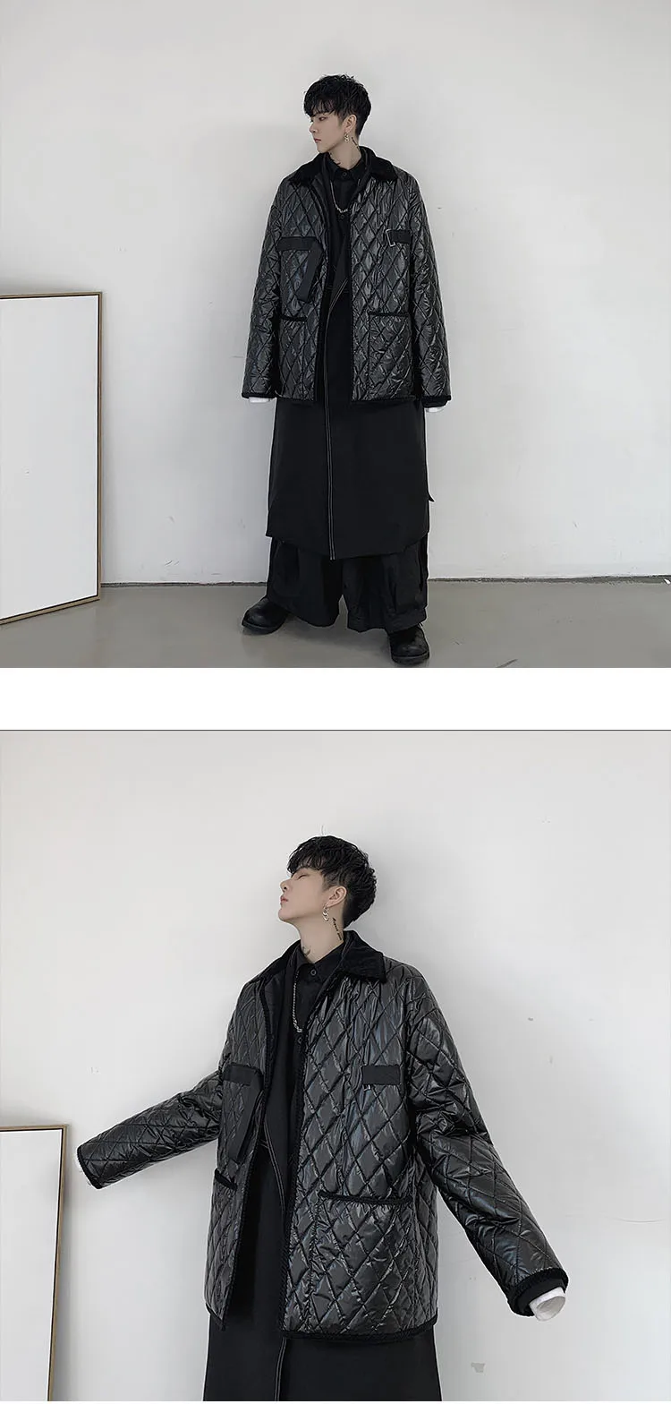 Мужская японская стильная свободная повседневная темно-черная клетчатая куртка с хлопковой подкладкой, Мужская Уличная одежда в стиле хип-хоп, Готическая верхняя одежда с лентой, парка, пальто