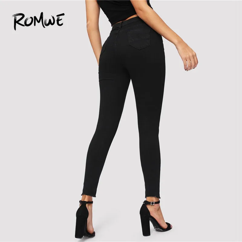 ROMWE Frayed Edge Skinny Jeans Woman Spring High Waist Jeans Casual Button Fly Black Denim Pants Ladies Solid Cropped Pants