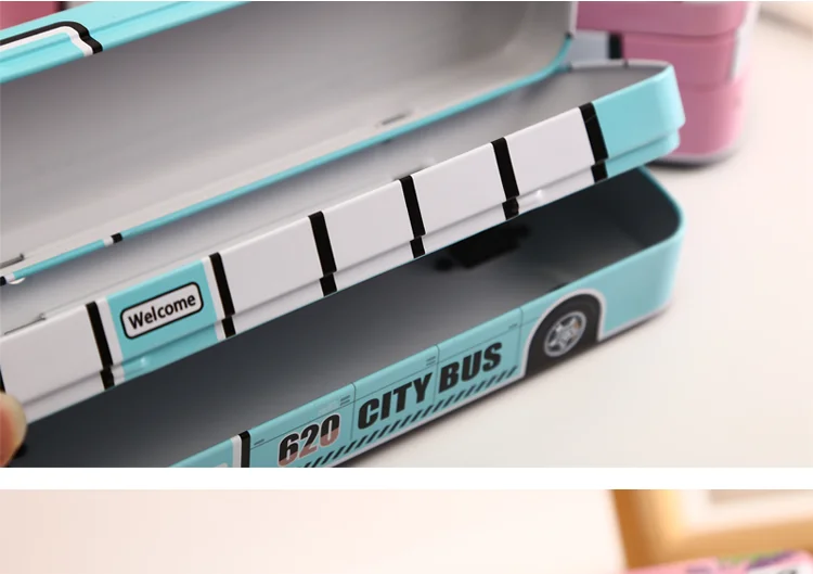 Creative bus stationery box multi-function pencil box iron box children's school supplies men and women students double-layer p