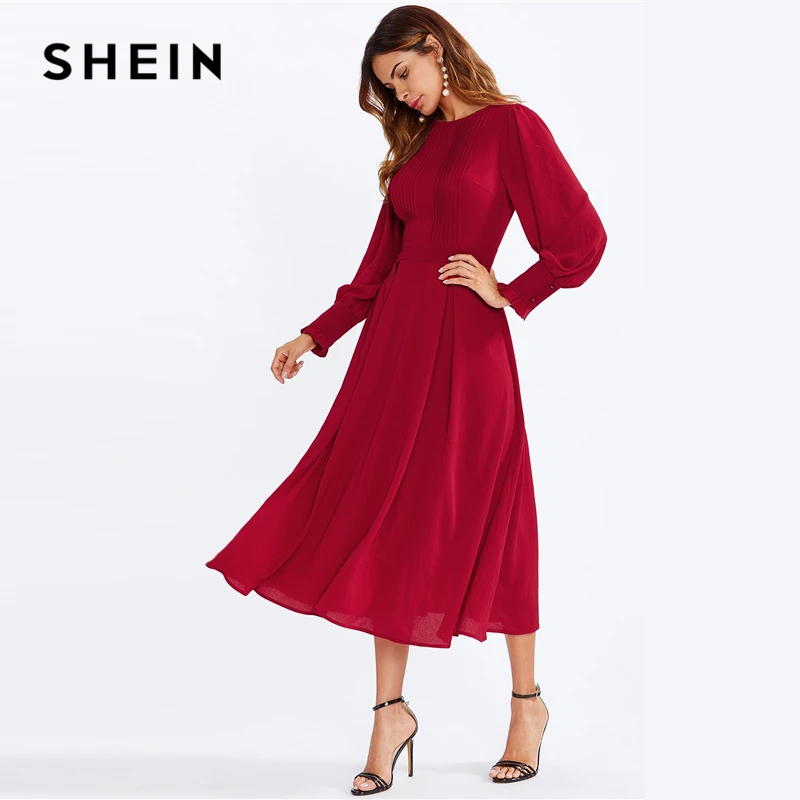 Koop SHEIN Frilled Manchet Geplooide Panel Fit En Flare Maxi Jurk Vrouwen Lente Elegante Solid Hoge Taille EEN Lijn Lange Jurk party Dress