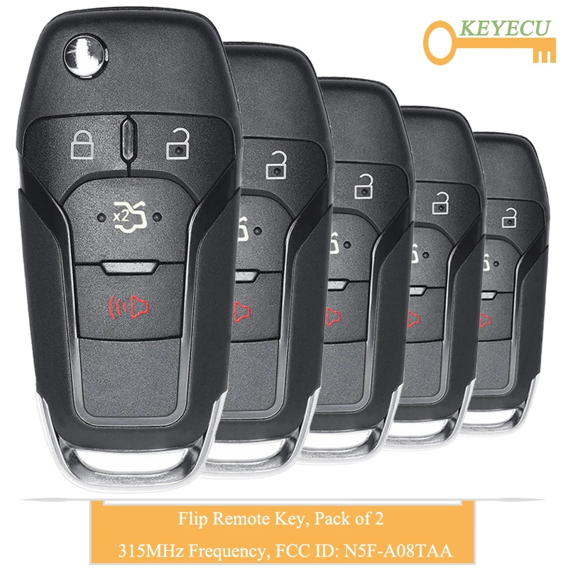 

KEYECU 5PCS Flip Remote Control Car Key for Ford Fusion 2013 2014 2015 2016, FOB 3+1/ 4 Buttons - 315MHz - FCC ID: N5F-A08TAA