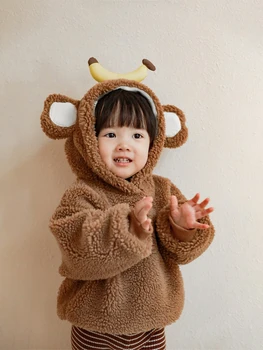 

Girls Lalambswool Sweater Autumn and Winter New Hooded Jacket Children Solid Color Cartoon Long Sleeve Pullover Baby Jumper
