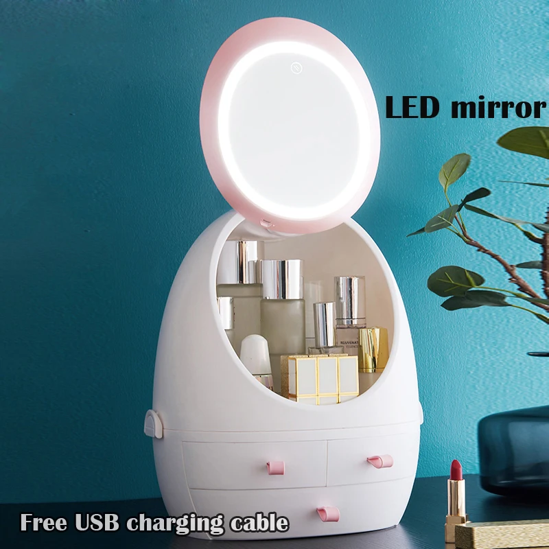 Box with LED Light USB Перезаряжаемый водонепроницаемый зеркальный светодиодный светильник органайзер для макияжа коробка для хранения косметики портативный контейнер для ювелирных изделий пыленепроницаемый ящик - Цвет: Box with LED Light