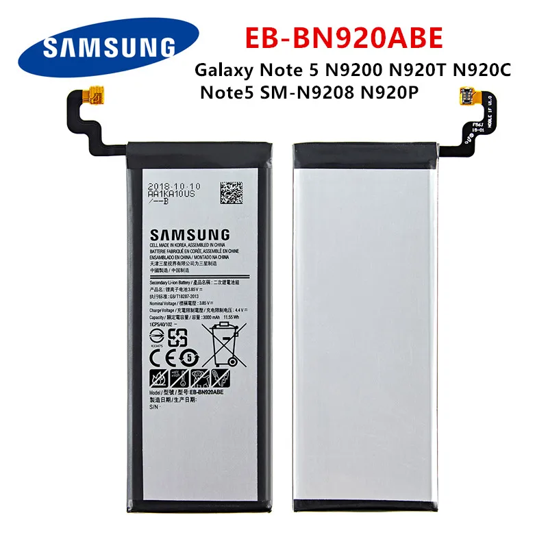 Оригинальный аккумулятор SAMSUNG EB-BN920ABE 3000 мАч для Samsung Galaxy Note 5 N9200 N920T N920C N920P Note5 SM-N9208