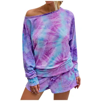 

Jaycosin Tie Dye Print Women Clothing Set Two Piece Long Sleeve Blouses Shorts Ladies Outfit Fashion Casual Female Clothes Set