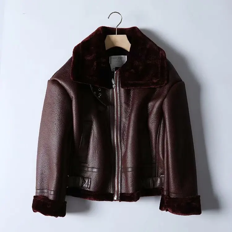 Women Warm Faux Fur Lining PU Leather Bomber Jacket Bike Coat Ladies Winter Windbreaker