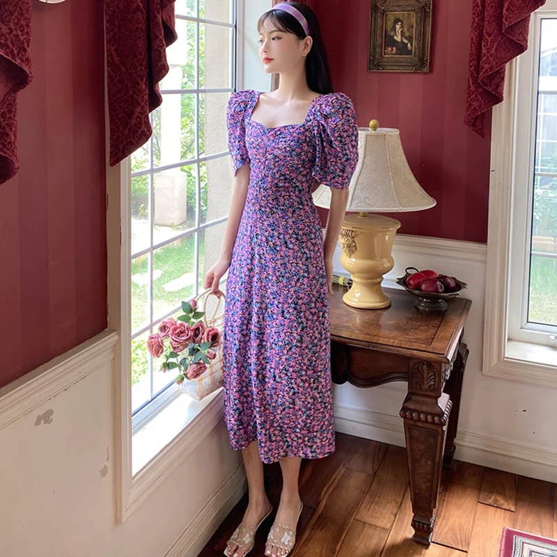 

Women Long Floral Purple Chiffon Dress Summer 2020 Runway Korean Vintage Party Dress Elegant Boho Retro Casual Vacation Dresses