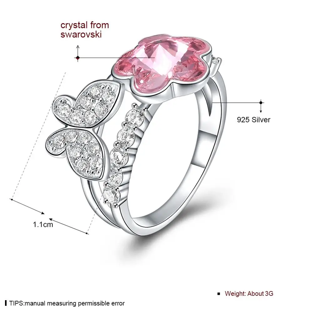 SILVERHOO 925 Sterling Silver Women's Romantic Rings Butterfly Shape Pink Austria Crystal Ring Engagement Fine Jewelry Hot Sale