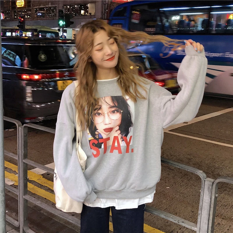 

Fashion Printing Women Pullover Autumn Winter Plus Velvet Thick Female Sweatshirts Lazy Wind O-Neck Casual Sweatshirt