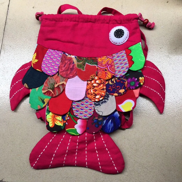 Nice national appliques children traveller backpacks!Hot Multi colorful fish girl&boy canvas backrack Versatile school backruck