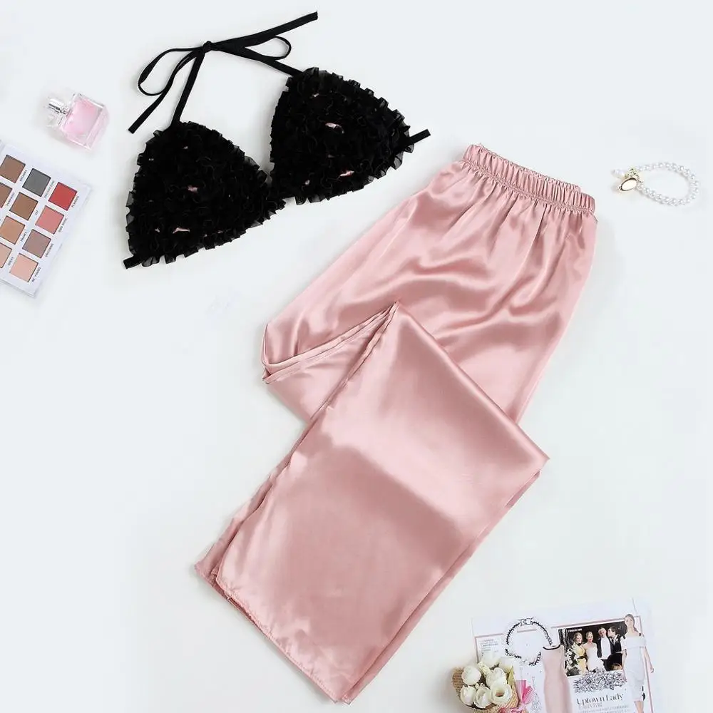 

Women Sexy Stain Sleepwear Trousers Set Fashion V-Neck Eyelash Silk Lace Sexy Bowknot Solid Pajamas Roupa Para Dormir 2019 New Y