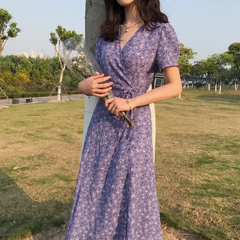 

2020 New Women Silk Purple Wrap Dress Short Sleeve V Neck Lavender Flower Printed Chic Fresh Midi Dresses With Sashes