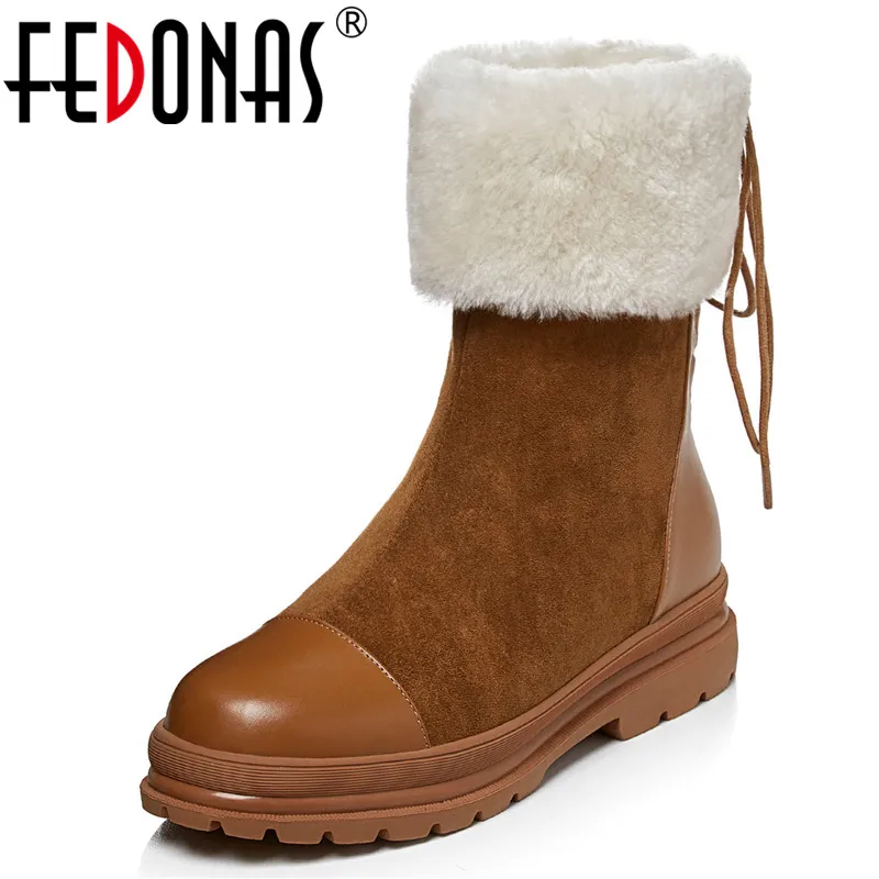 

FEDONAS Genuine Leather Short Boots Women Lace Up Platforms Flats Ankle Boots Basic Shoes Woman Winter Warm Round Toe Snow Boots