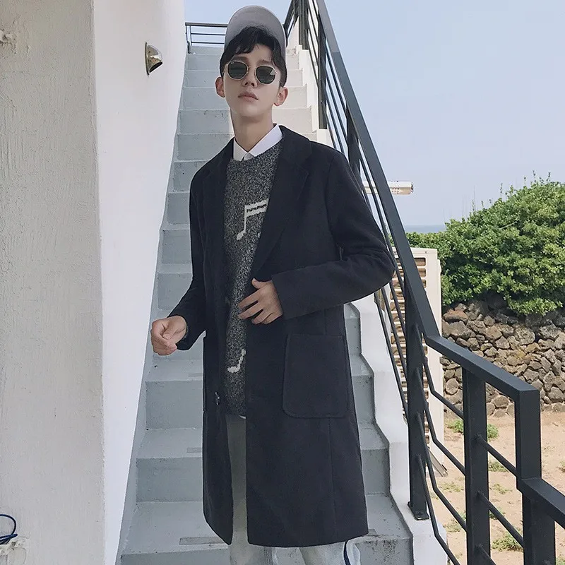 

Elegant Mens Medium Length Woolen Trench Coats Korean Long Sleeve Single Breasted Lapel Pocekts Slim Fit Male Plus Size Coats