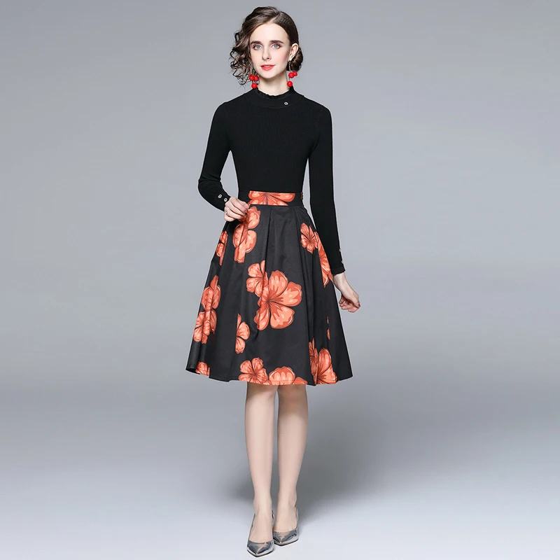 

2021 New Women Set Office Lady Printing Floral Knitted Set For Women Pullover O-Neck Black Elegant Two Piece Women Winter Set