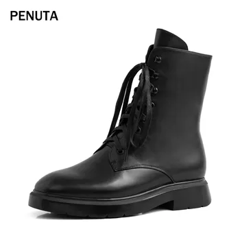 

2019 PENUTA Lace Up Martin Boots European Rivet Women Genuine Leather Ankle Booties Fashion Designer Ladies Short Shoes PD982