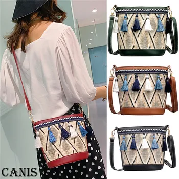 

New Women Bohemian Woven Shoulder Bag Straw Rattan Wicker Sling Bag Beach Casual Clutch Tassel Straw Bucket Shoulder Bag