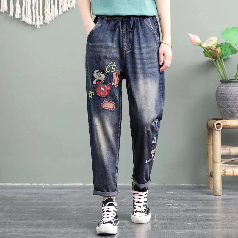 2025 New Spring New Ethnic Embroidery Elastic Waist Jeans Female Loose High Waist Women Harlan Pants Femme Denim Pants Retro 1