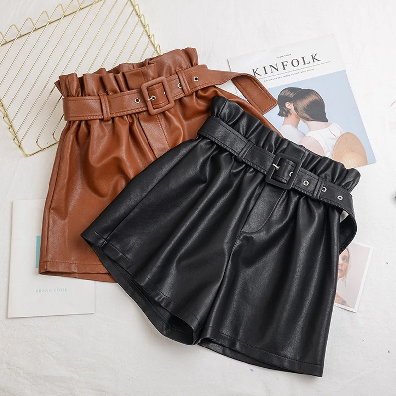 

S-5XL Plus Size Spring Autumn PU Leather Shorts Women 2020 Elastic High Waist Wide Leg Leather Shorts With Sashes