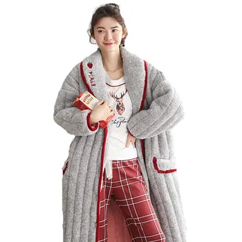 

Women's autumn and winter thick nightgown, stitched three-layer warm coral velvet home suit