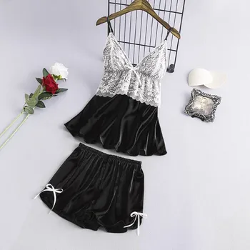

Sexy Summer Lace Pajamas Sleepwear for Women Sleeveless Spaghetti Strap Pyjamas Satin Cami Top + Shorts Pajamas Sets Nightwear