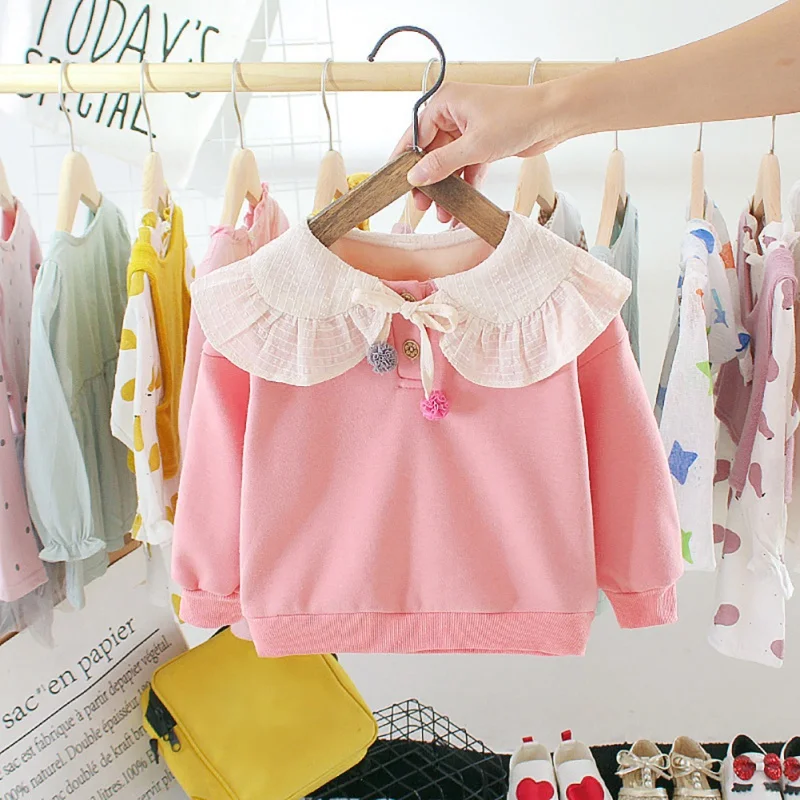 Children Winter Baby Girls Solid Color Sweater Long Sleeves Casual Lapel Plus Velvet Sweet Tops