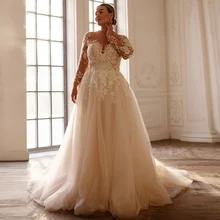 

Elegant Princess Tulle Wedding Dress For Bride Floor Length Plus Size Bridal Gown Sweep Train With Illusion Long Sleeves Vestido