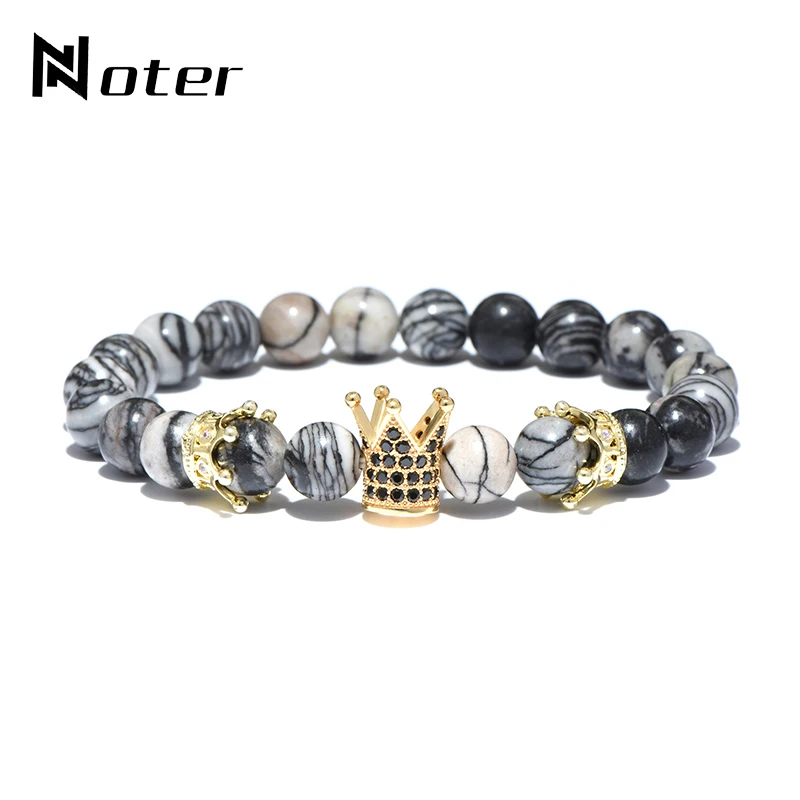 

Noter Natural Stone Men Bracelet Black Zirconia Crown Brazalete For Homme Hiphop Rock Punk Braclet Mens Bracelets 2019 Bilezik