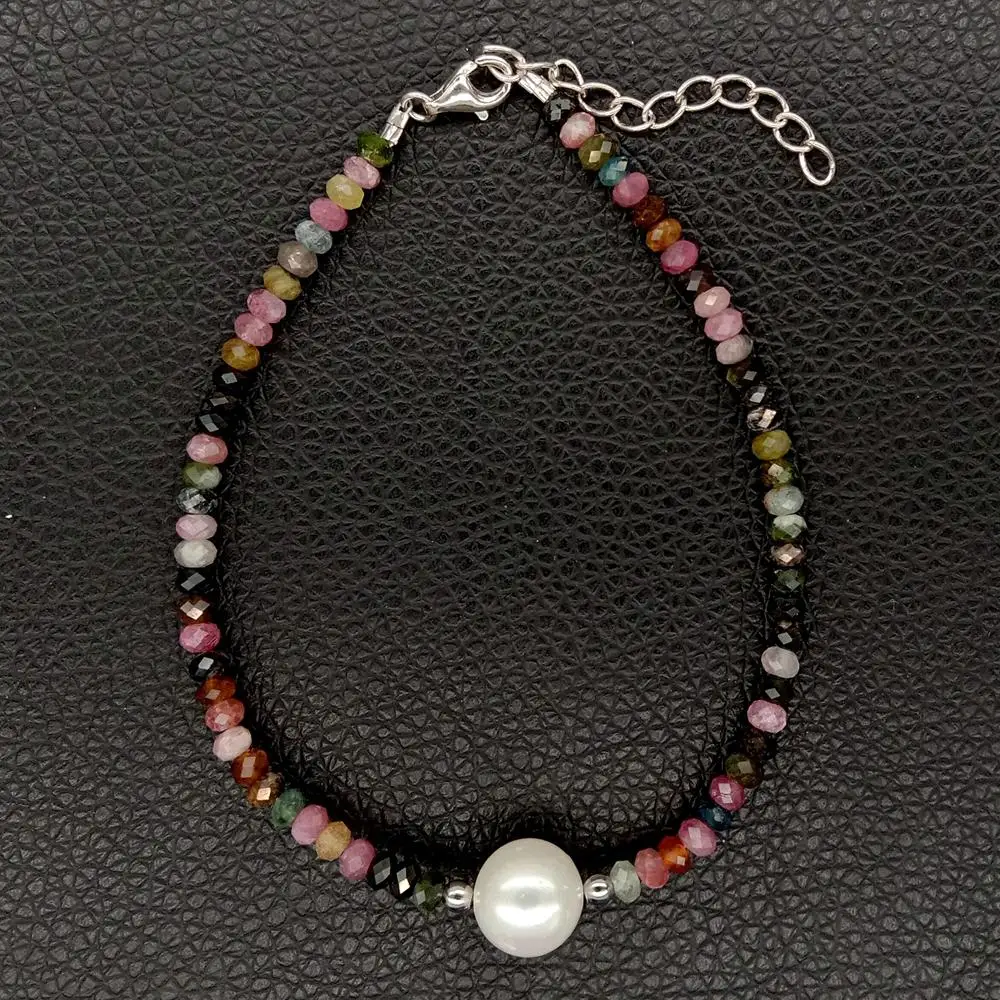 Natural Rainbow Faceted Rondelle Tourmaline White Pearl Bracelet Silver Clasp