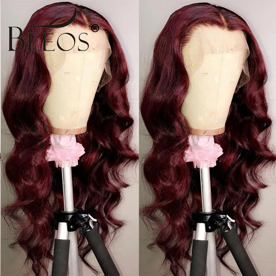 Beeos 13*6 волнистые бордовые 99J цветные человеческие волосы на кружеве, парики 150% для женщин, предварительно выщипанные бразильские волосы remy