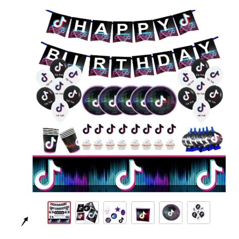 Tik Theme Birthday Printing Banner Balloon Cake Top Hat Music Logo Party Supplies Decoration | Дом и сад