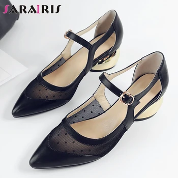 

SARAIRIS Female Summer Ol Genuine Leather Shoes Woman Elegant Patchwork Mesh Sandals Women Cool Pointed Toe Med Heels Sandals