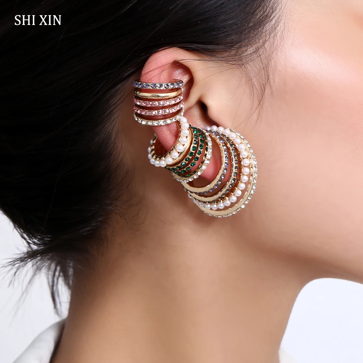 SHIXIN Boho, цветные Серьги-манжеты с кристаллами, набор, модные жемчужные стразы, клипсы для ушей без проколов, поддельные серьги для женщин