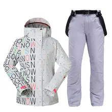 Белый женский зимний костюм, одежда для спорта на открытом воздухе, комплекты одежды для сноубординга, водонепроницаемый ветрозащитный костюм, зимняя куртка+ нагрудники, лыжные штаны