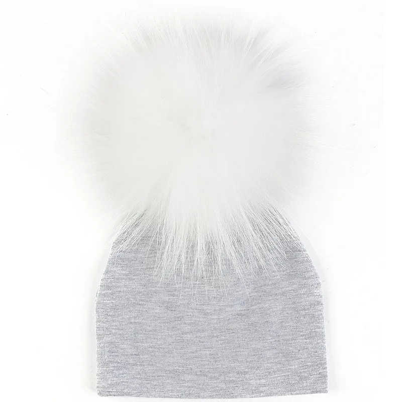 Geebro Newborn Baby Hat Real raccoon fur ball Pompom Beanie  Cotton Solid Hats For Baby Girls Boys Toddler Winter Children Caps 