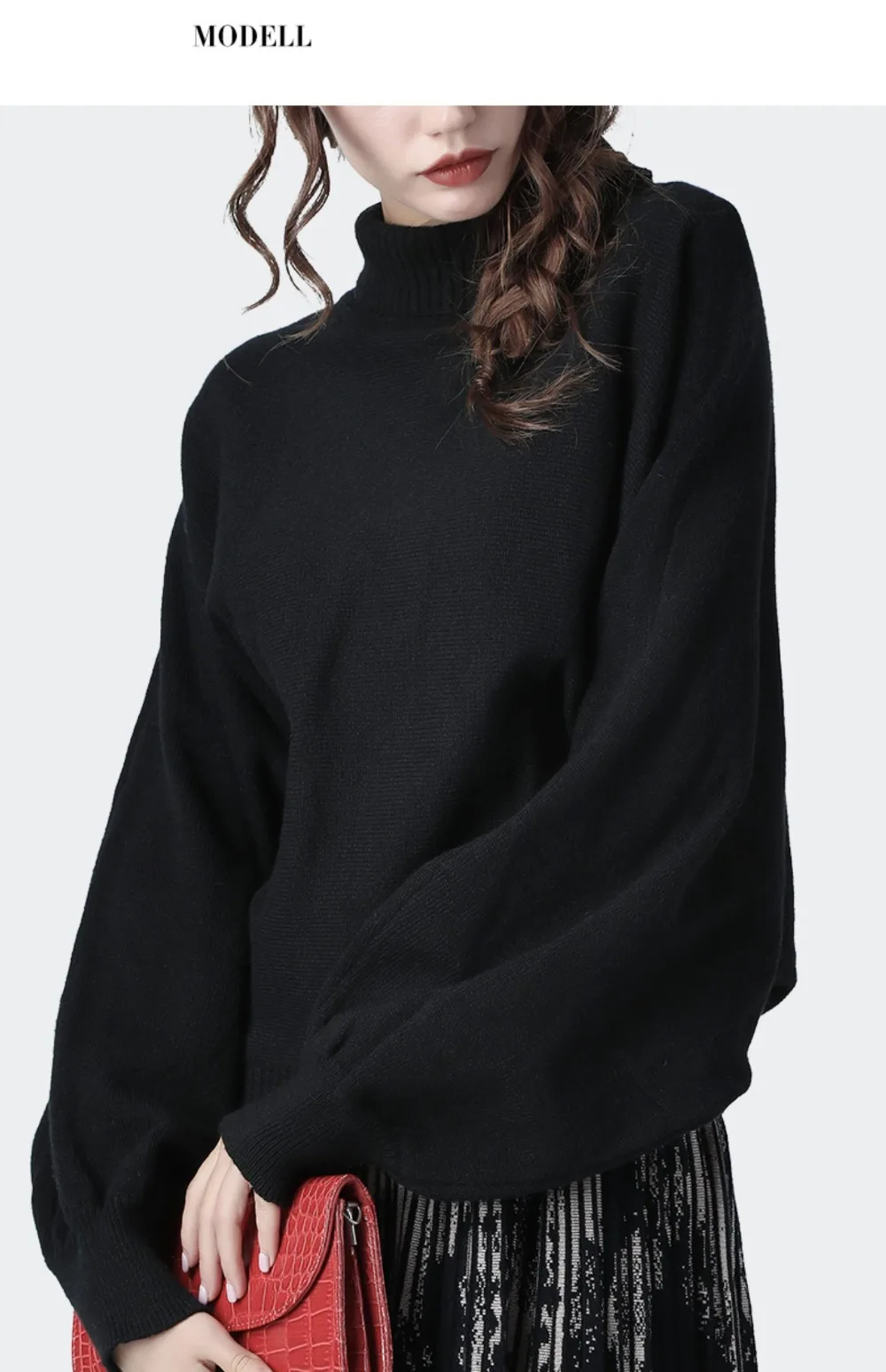 Loose-Fitting Women Black Sweater Button Up Collar Bat Wing Sleeve Pullover Warm Thick Knit Winter Top Plus Size Ladies Sweaters