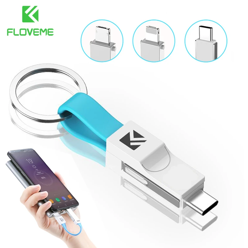 FLOVEME 3 in 1 Portable Mini Keychain USB Cable Micro USB Type C For
