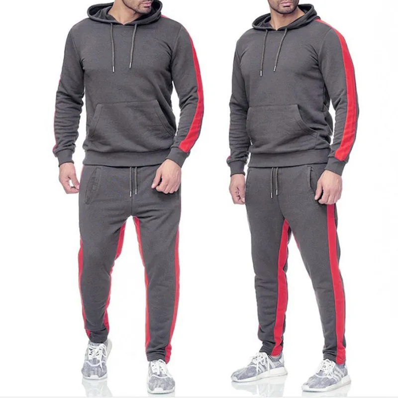 

2019 New Men Patckwork Long Sleeve Tracksuit Set Autumn Winter Casual Thick Fleece Hooded Hoodies 2PCS Gym Sporting Clothes Male