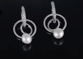 

925 Sterling silver Natural Freshwater Pearl Earring Elegant Multi-layer crystal Circles earring Charm geometric silver jewelry