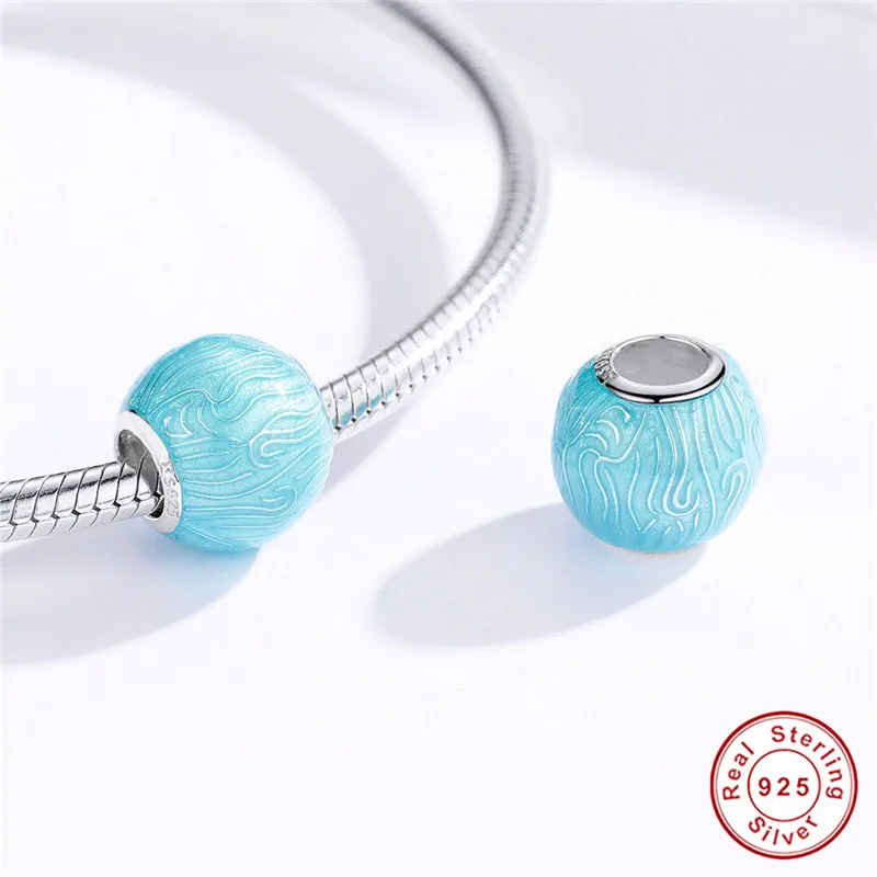Fit Pandora браслет 925 пробы Серебряный Голубой океан бусины S925 эмаль морская вода Шарм волны для diy ювелирных изделий