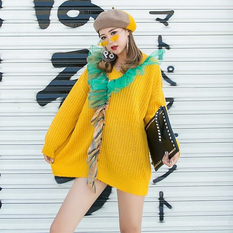 Best Price Mesh ruffles patchwork Yellow sweater v neck long sleeve spring 2020 cardigan high street fashion knitwear female