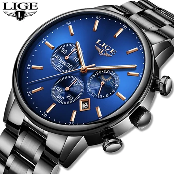 

LIGE New Fashion Men Watch Classic Business Multifunction Chronograph Quartz Wrist watch Casual Waterproof Stainless Steel Clock