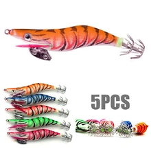5PCS 13g/11cm Luminous Squid Jig Fishing Wood Shrimp Lure Squid Cuttlefish Jigs Lures Spinner Bait Wood Shrimp with 3# Hook