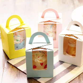 

24pc Small Biscuit Candy Box Single Muffin Box Portable Pink Window Cupcake Box Mousse Mud Pudding Bottle Packaging Cup Gift Box